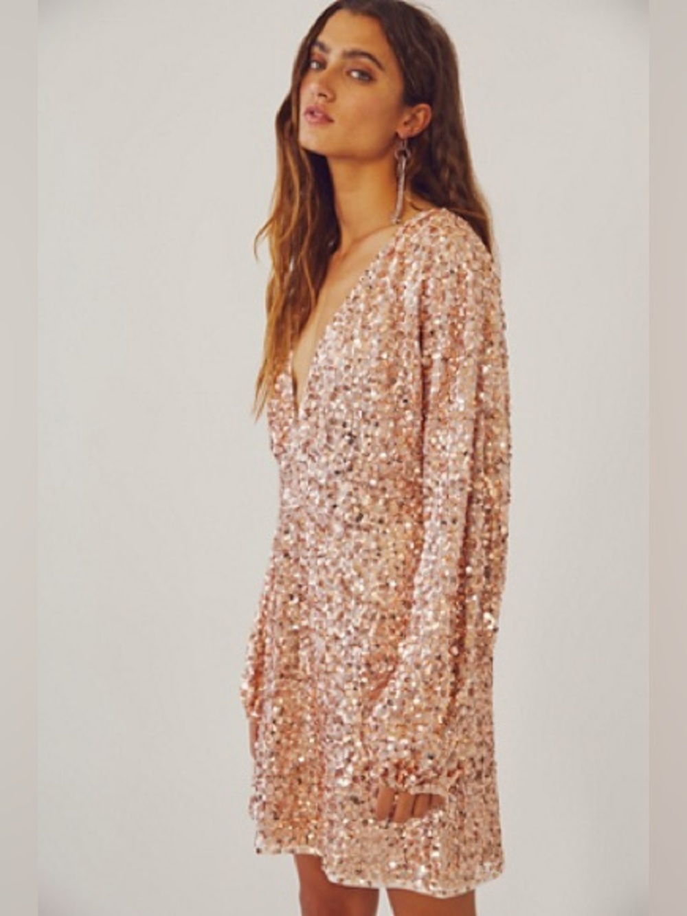 Free People Dance All Night Mini Sequin V-Neck Long Sleeve Dress - Rose Gold